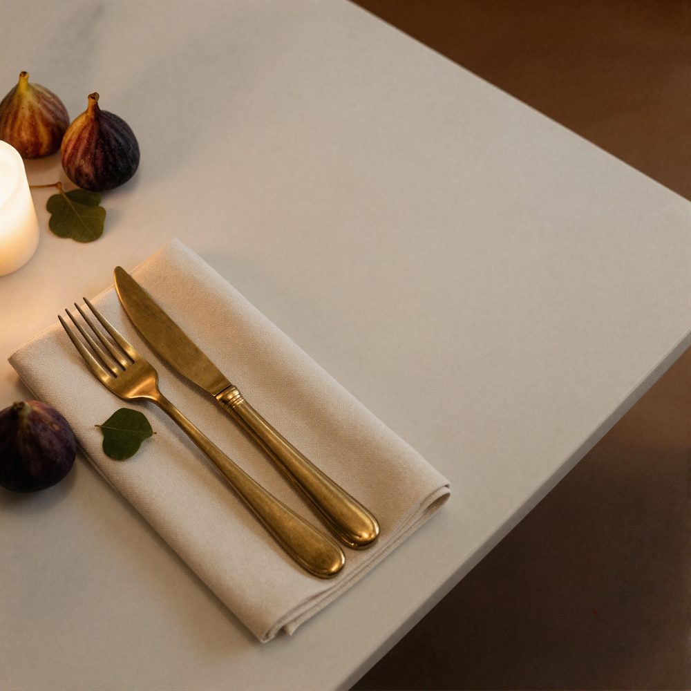 Linen napkin, brass cutlery and a sprig of fig on the table