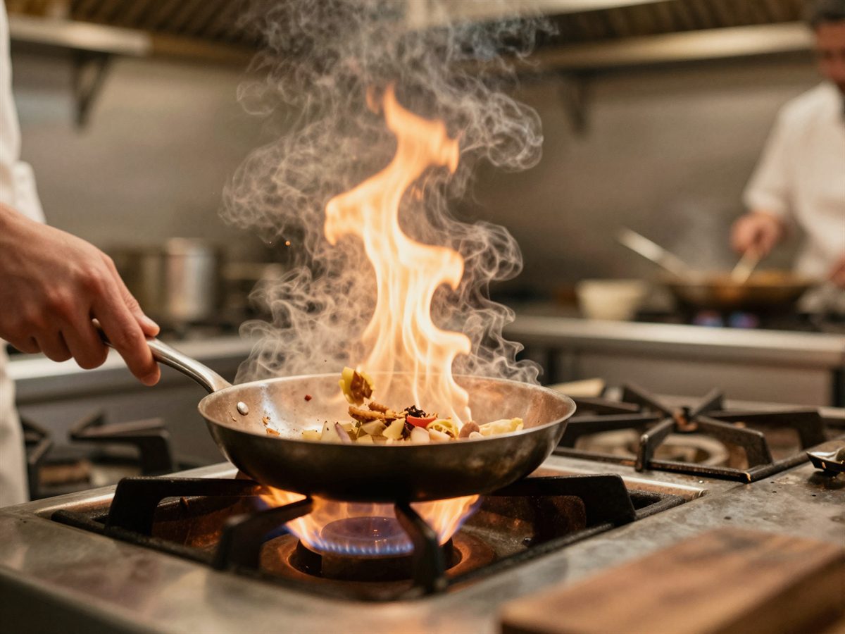 A pan flaring on the stove in the open kitchen
