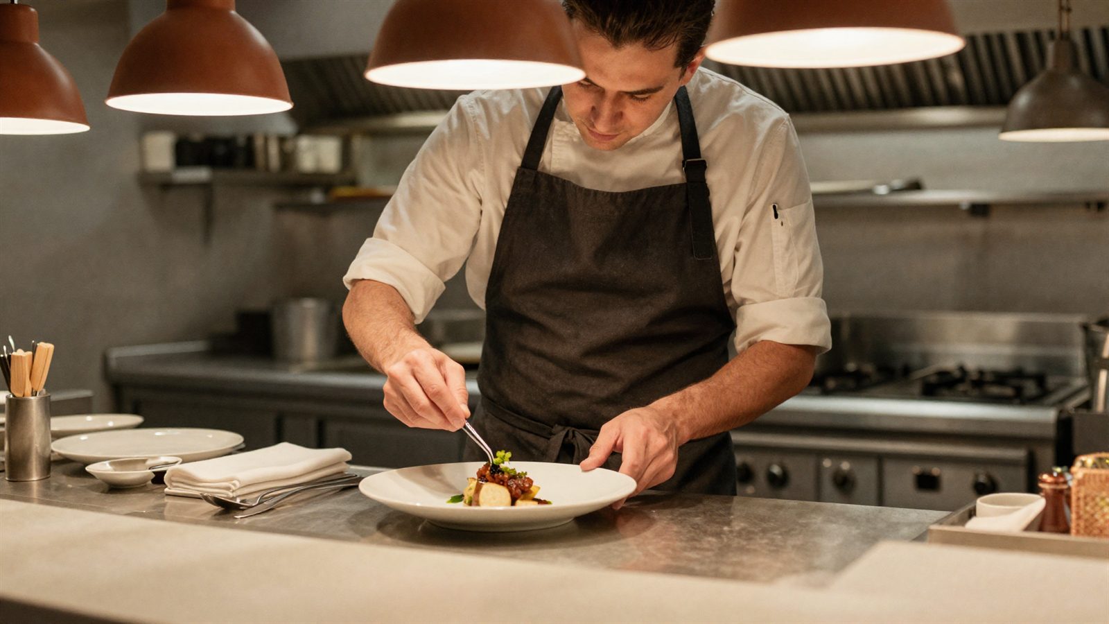 A chef plating a dish at the kitchen pass under warm heat lamps