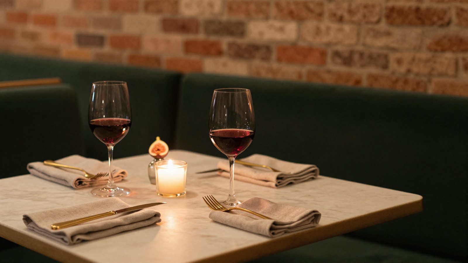 A laid table for two with wine, candlelight and linen at Vine & Fig