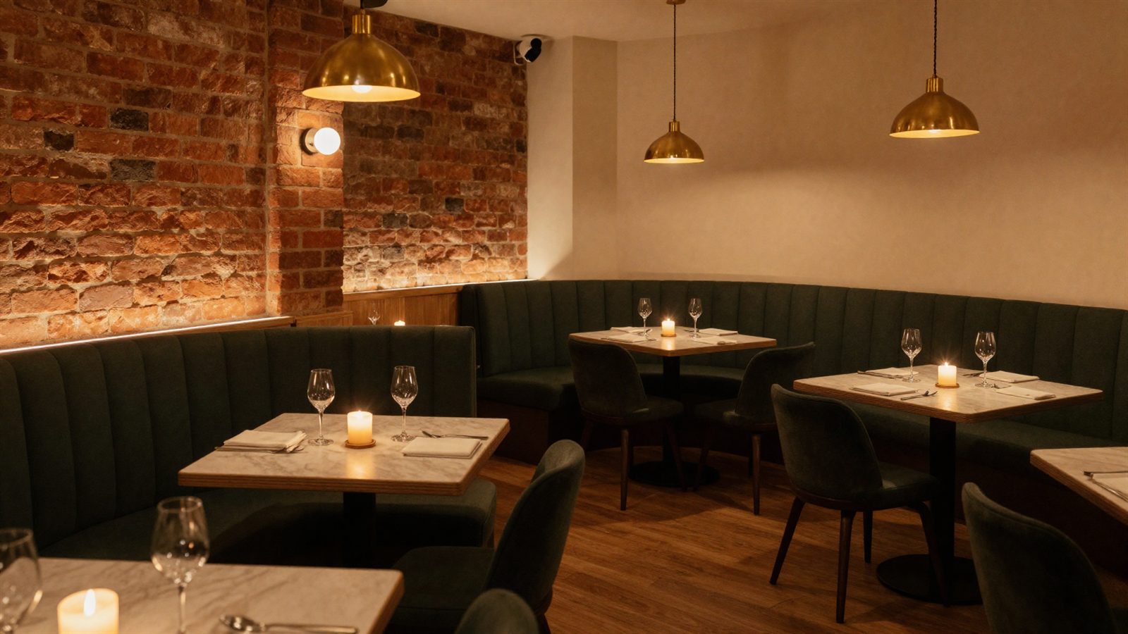 The candlelit dining room at Vine & Fig, with green banquette seating and exposed brick